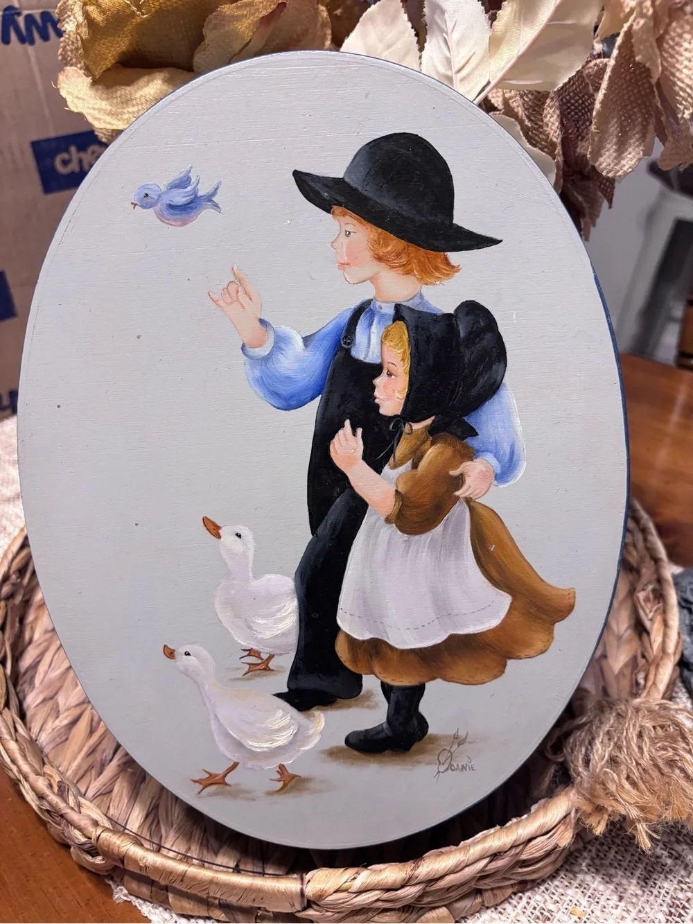 Hand-Painted Vintage Folk Art Children with Geese Oval Plaque - Blue & Brown